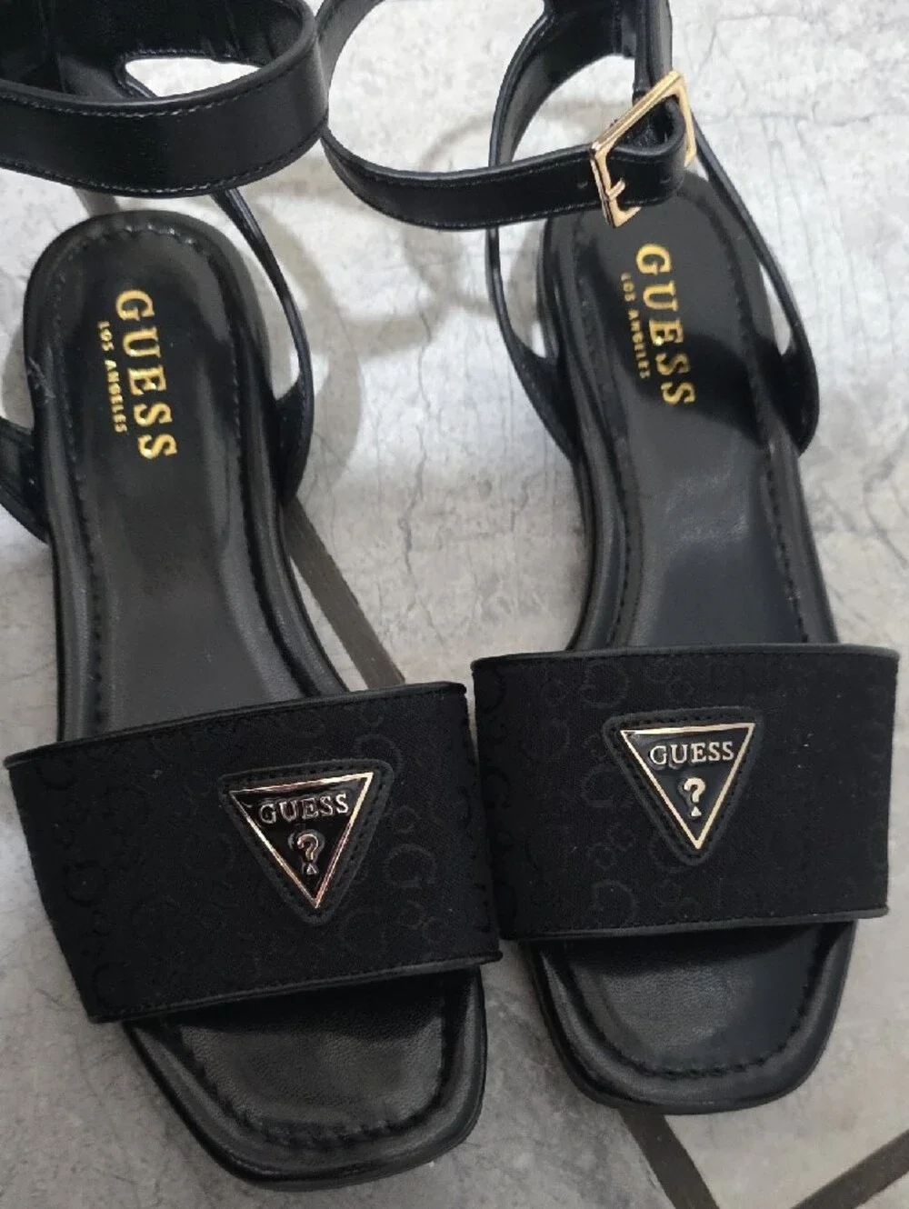 GUESS Black Logo Ankle-Strap Flat Sandals